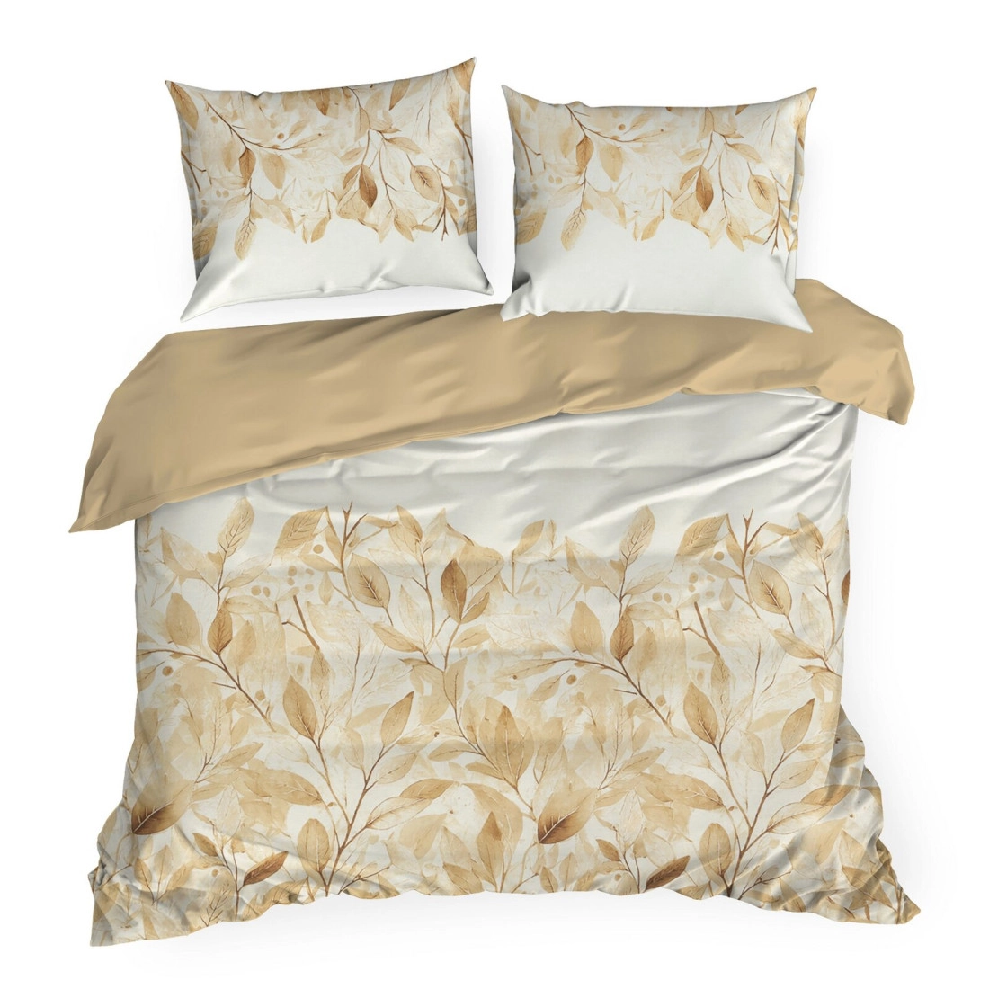 Obliečky 160x200 cm saténové bavlnené s rastlinným vzorom, oranžové a hnedé