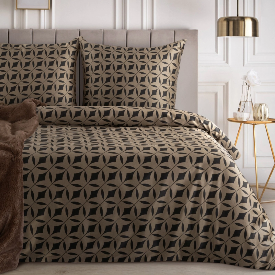 Povlečení 160x200 cm saténové s geometrickým vzorem, tmavě hnědé a světle hnědé
