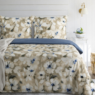 Obliečky 160x200 cm saténové s kvetinovým motívom, béžové a tmavomodré