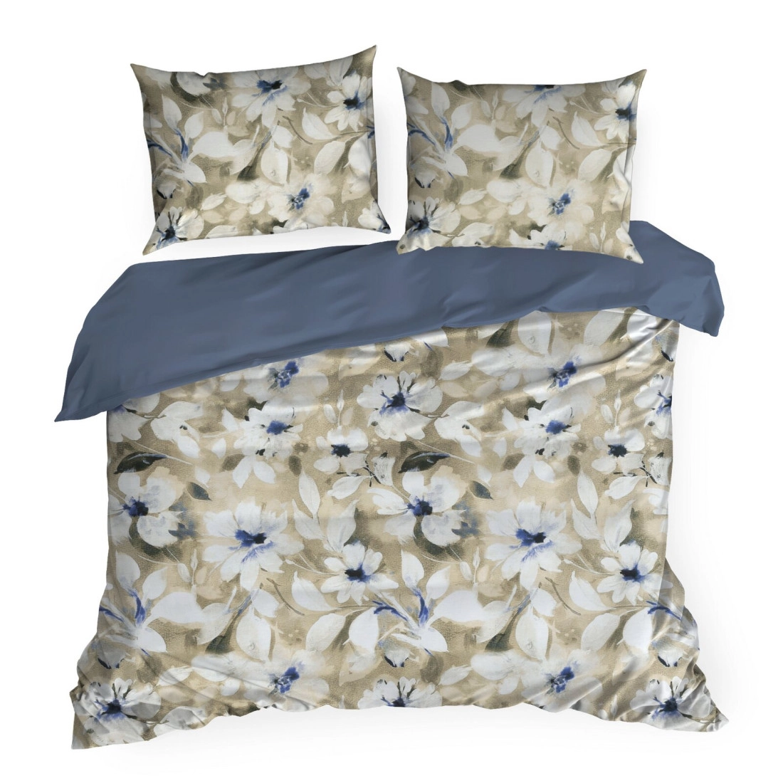 Saténové povlečení 160x200 cm s květinovým motivem, béžové a tmavě modré