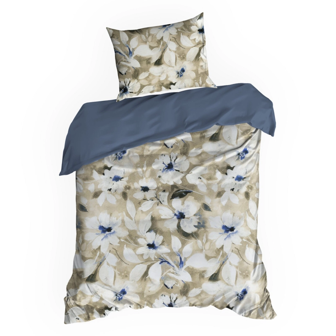 Saténové povlečení 160x200 cm s květinovým motivem, béžové a tmavě modré