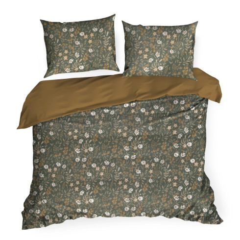 Povlečení 160x200 cm saténové s květinovým motivem, olivové a hořčičné