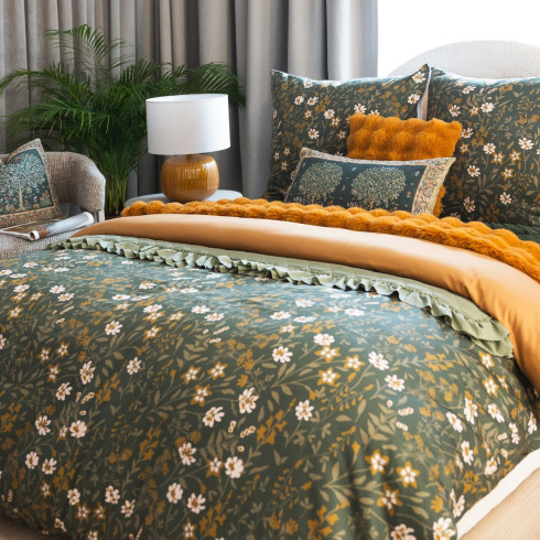 Povlečení 160x200 cm saténové s květinovým motivem, olivové a hořčičné