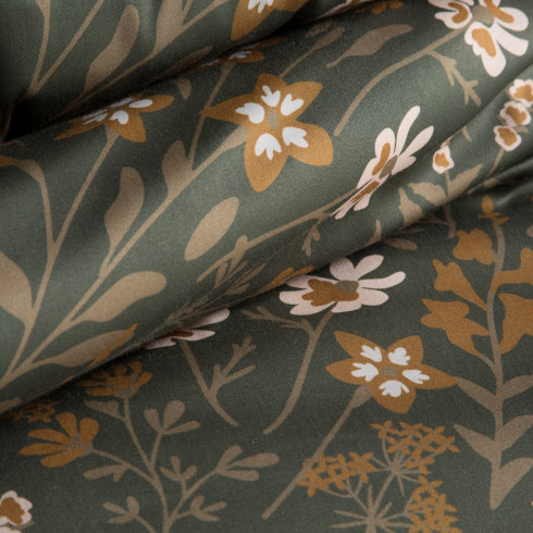 Povlečení 160x200 cm saténové s květinovým motivem, olivové a hořčičné