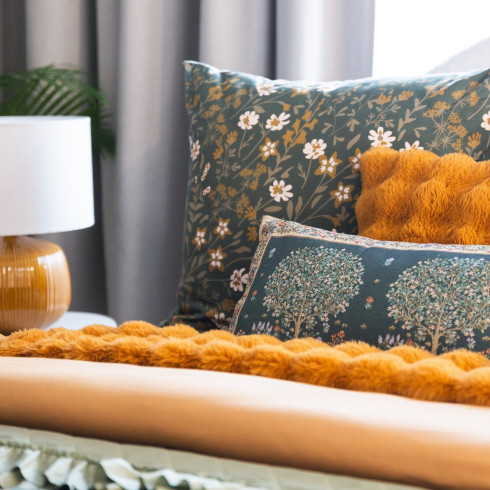 Povlečení 160x200 cm saténové s květinovým motivem, olivové a hořčičné