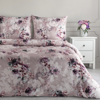 Obliečky 160x200 cm saténové s kvetinovým motívom, púdrové a fialové