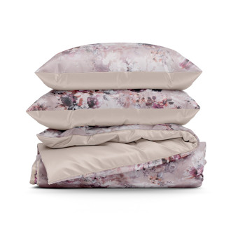 Obliečky 160x200 cm saténové s kvetinovým motívom, púdrové a fialové