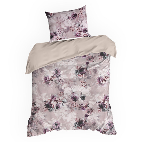Povlečení 160x200 cm saténové s květinovým motivem, pudrové a fialové