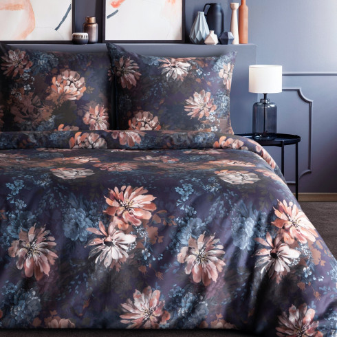 Povlečení 160x200 cm saténové s květinovým motivem, tmavomodré a rezavé