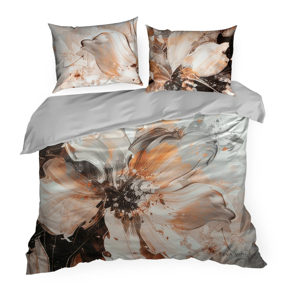 Povlečení 160x200 cm saténové s květinovým vzorem, rezavé a světle šedé