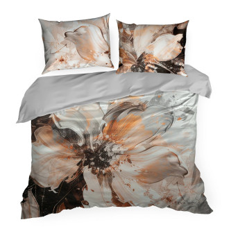 Obliečky 160x200 cm saténové s kvetinovým vzorom, hrdzavé a svetlosivé
