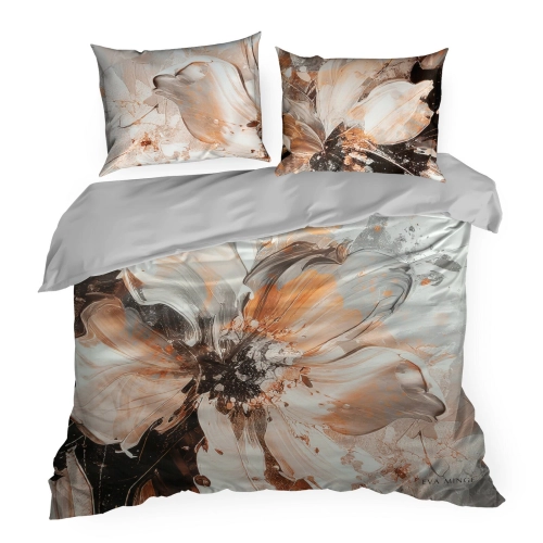 Obliečky 160x200 cm saténové s kvetinovým vzorom, hrdzavé a svetlosivé