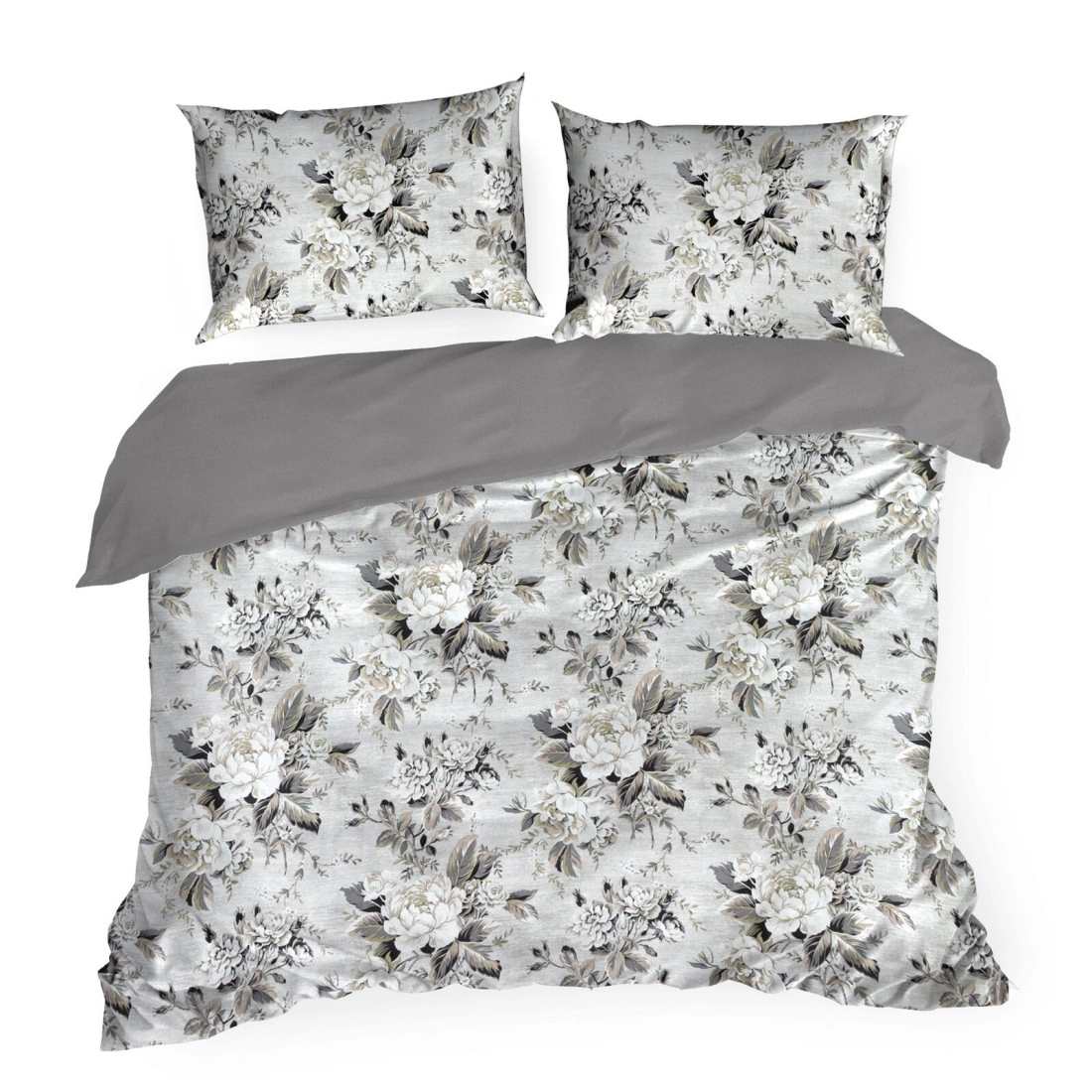 Saténové povlečení 160x200 cm s květinovým vzorem, stříbrné a olivové