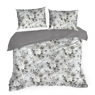 Obliečky 160x200 cm saténové s kvetinovým vzorom, strieborné a olivové