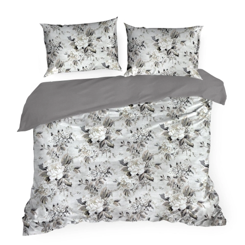 Obliečky 160x200 cm saténové s kvetinovým vzorom, strieborné a olivové