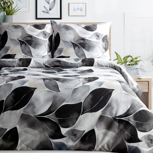 Obliečky 160x200 cm saténové s rastlinným vzorom, biele a grafitové