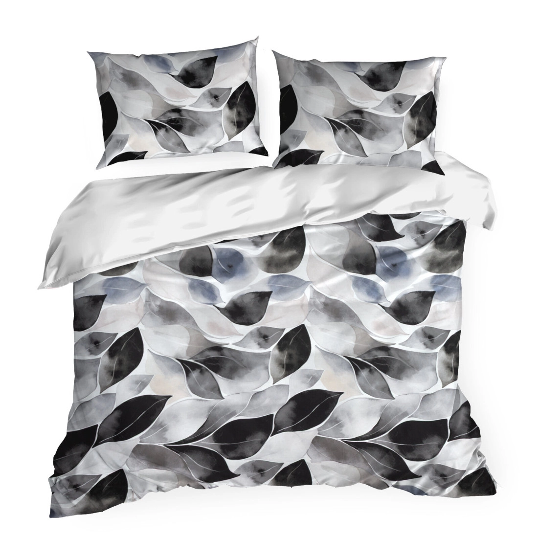 Saténové povlečení 160x200 cm s rostlinným vzorem, bílé a grafitové