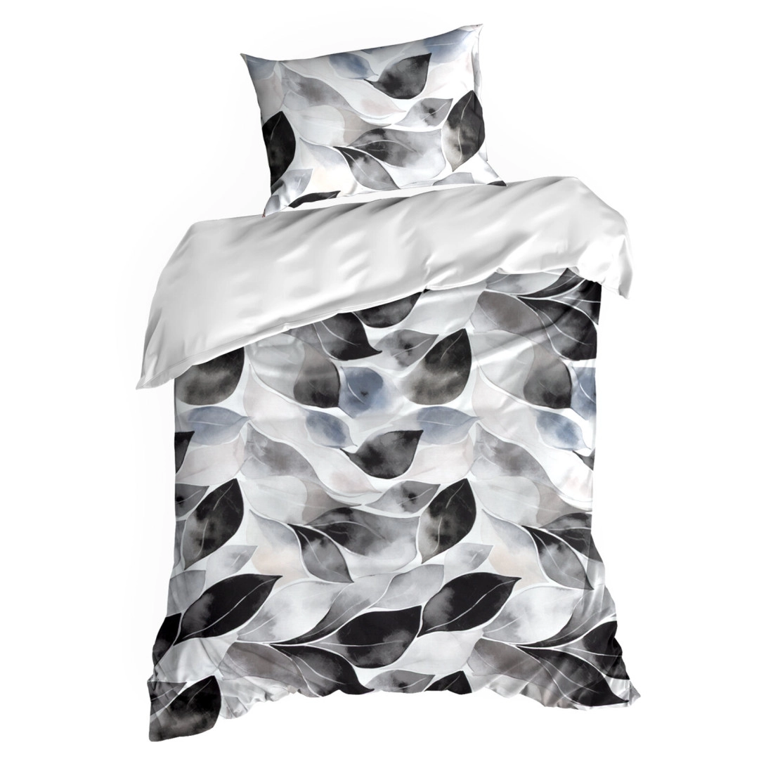 Saténové povlečení 160x200 cm s rostlinným vzorem, bílé a grafitové