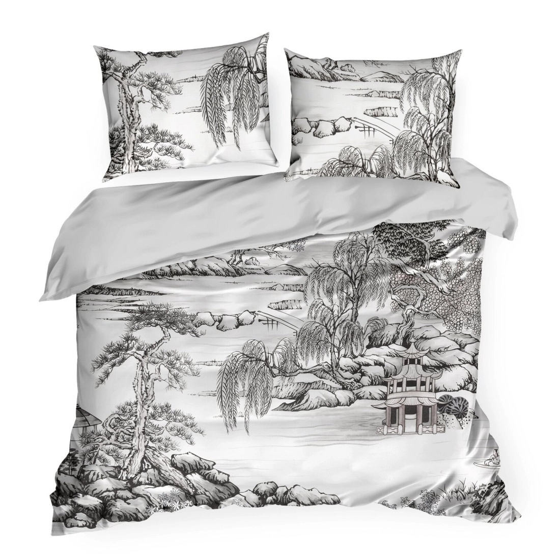 Povlečení 160x200 cm saténové s rostlinným vzorem, bílé a ocelové