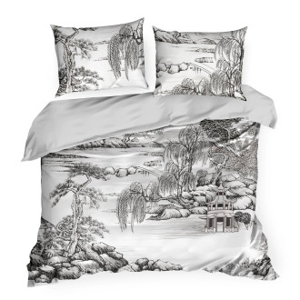 Obliečky 160x200 cm saténové s rastlinným vzorom, biele a oceľové