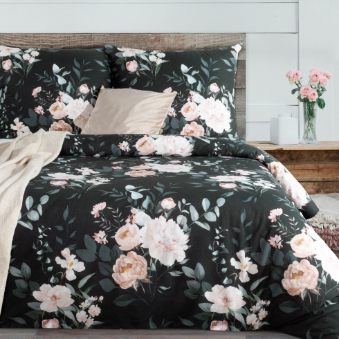 Povlečení 220x200 cm bavlněné renforcé květované, černé a šalvějové