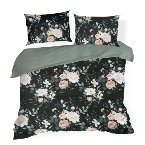 Obliečky 220x200 cm bavlnené renforcé kvetované, čierne a šalviové