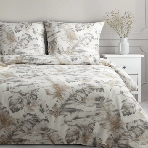 Povlečení 220x200 cm bavlněné s rostlinným vzorem, bílé a ocelové