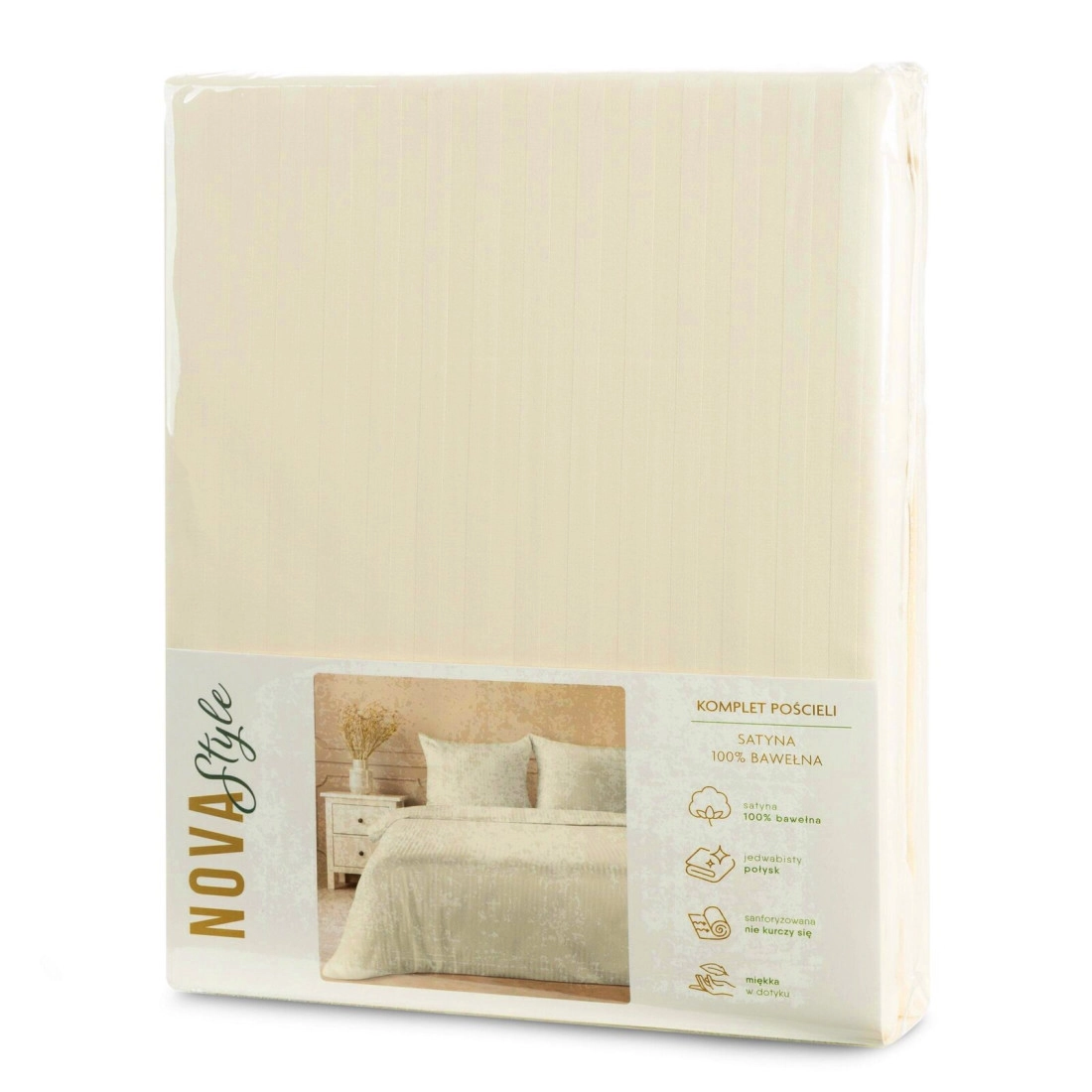 Obliečky 220x200 cm bavlnené saténové krémové s pruhovaným vzorom