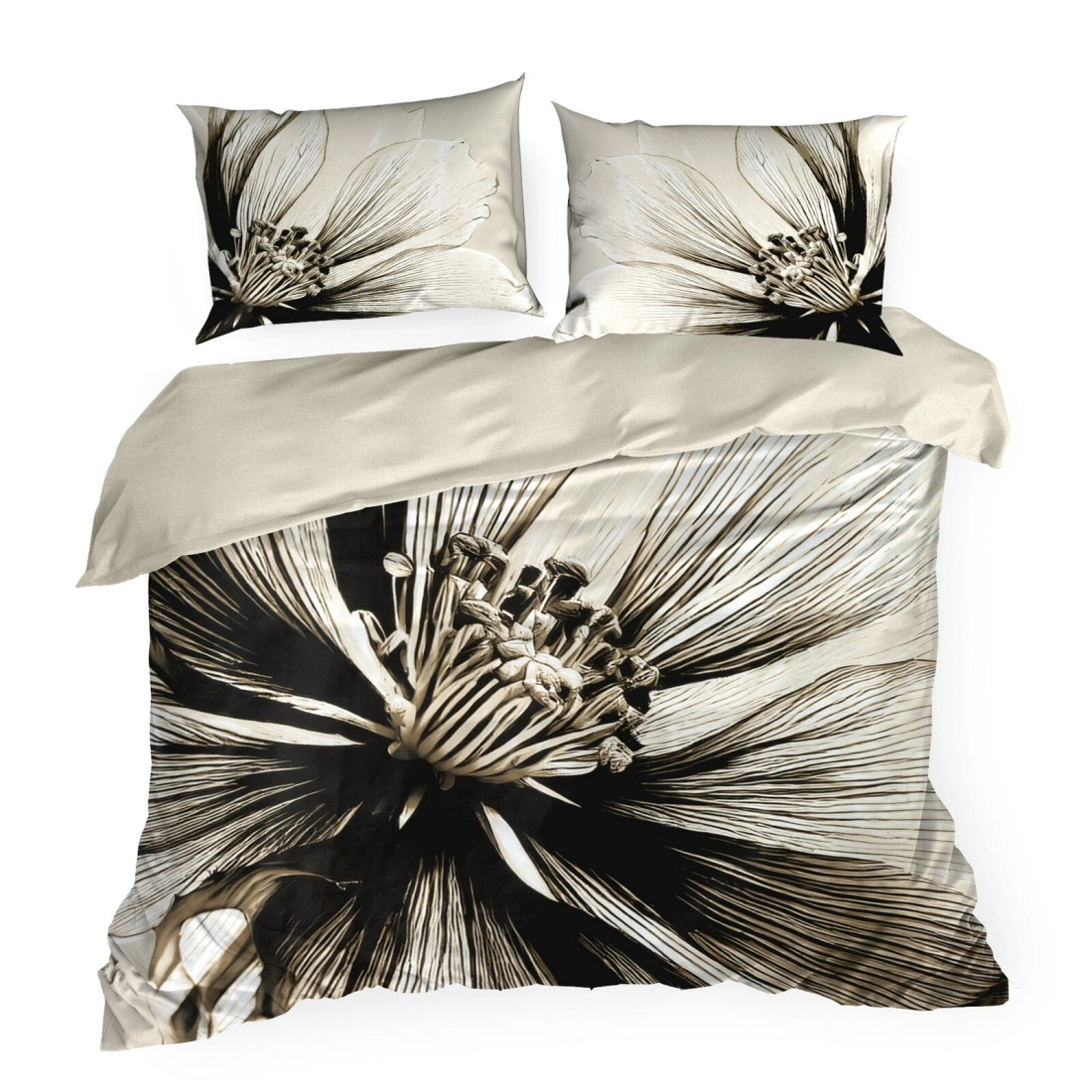 Povlečení 220x200 cm bavlněný satén květované, béžové a hnědé