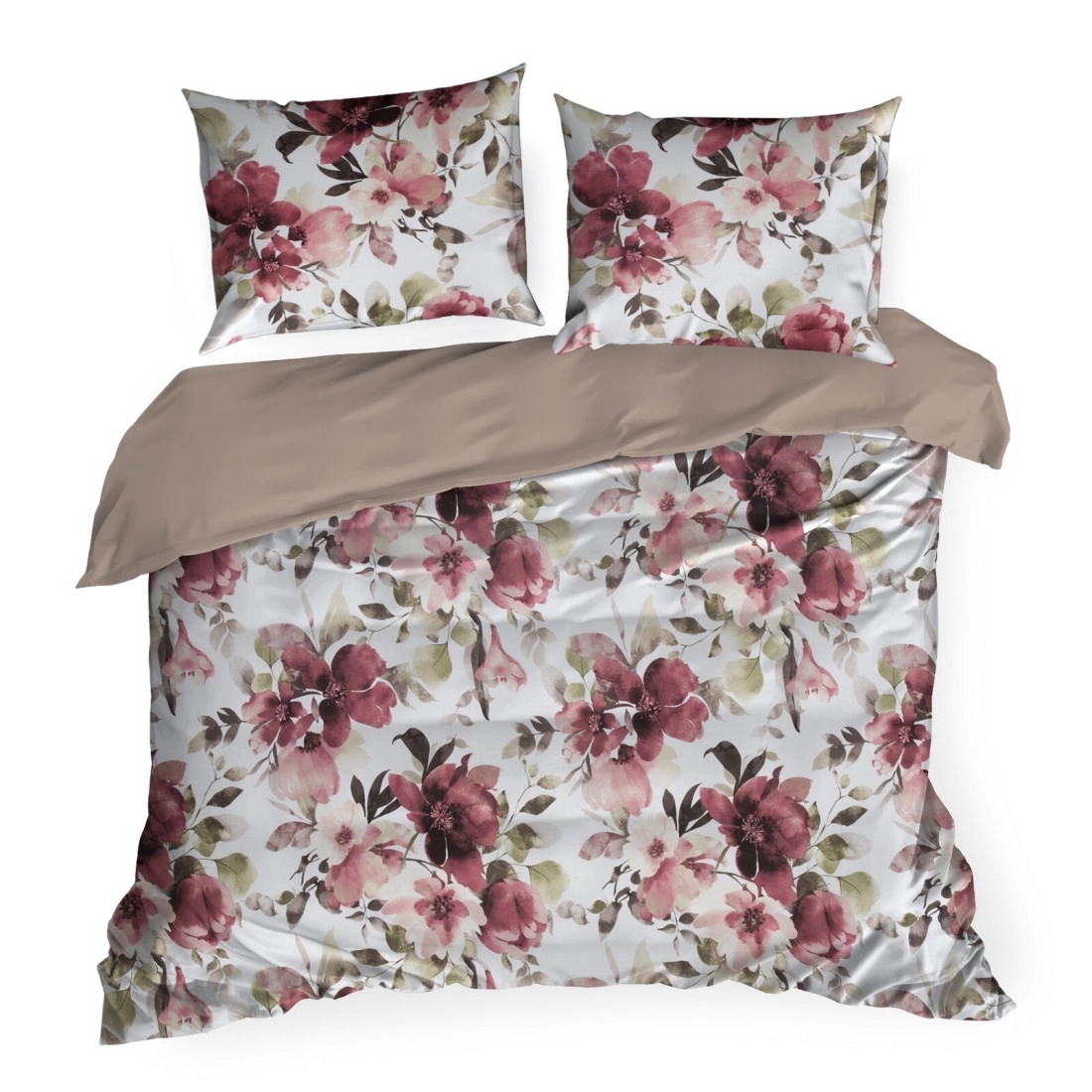 Povlečení 220x200 cm z bavlněného saténu, květované, bílé a bordó
