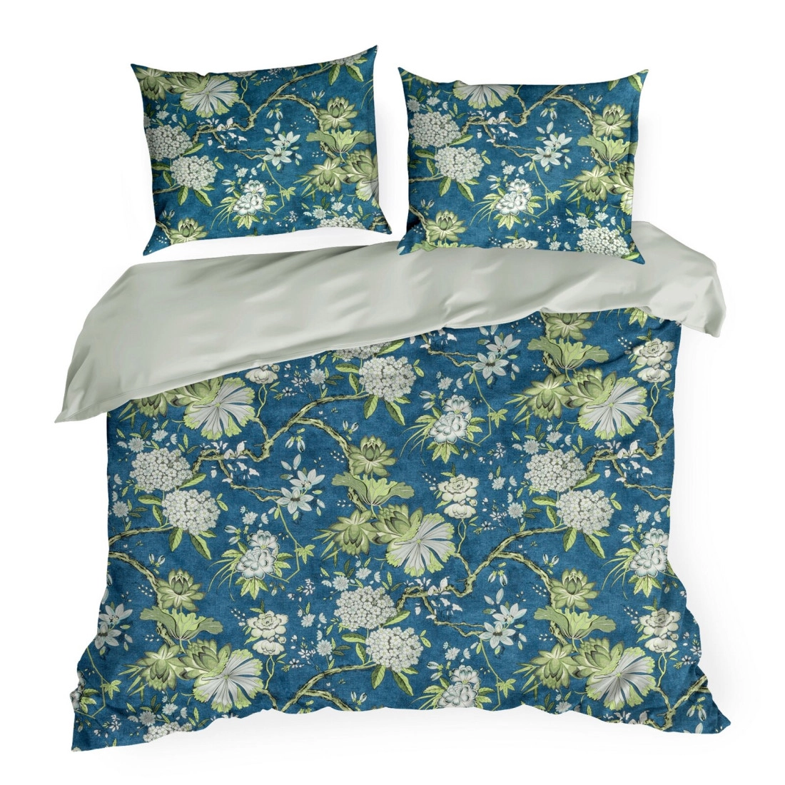 Obliečky 220x200 cm bavlnené saténové kvetované, modré a mentolové