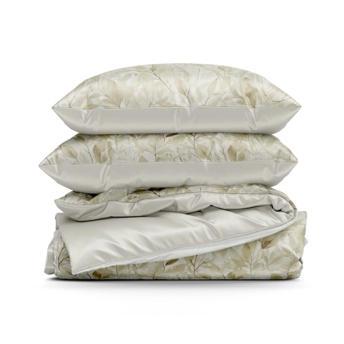 Povlečení 220x200 cm z bavlněného saténu s rostlinným motivem, bílé a béžové