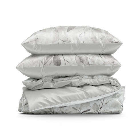 Povlečení 220x200 cm z bavlněného saténu s rostlinným vzorem, stříbrné a bílé