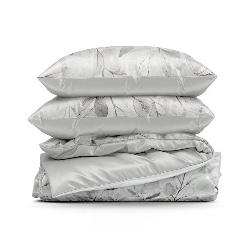 Povlečení 220x200 cm z bavlněného saténu s rostlinným vzorem, stříbrné a bílé