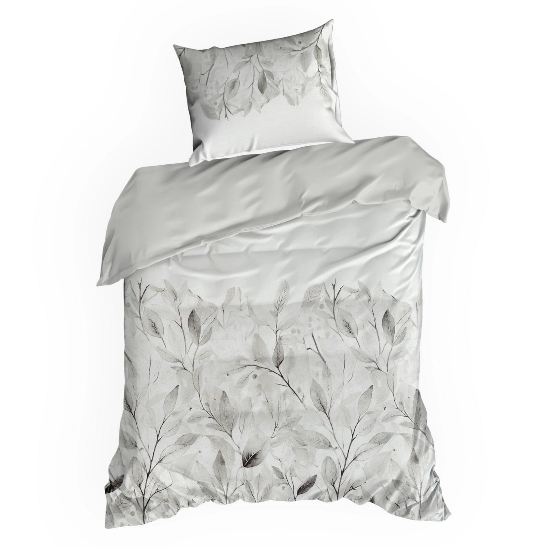 Obliečky 220x200 cm bavlnené saténové s rastlinným vzorom, strieborné a biele