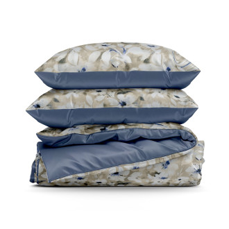 Obliečky 220x200 cm saténové bavlnené s kvetinovým vzorom, béžové a modré