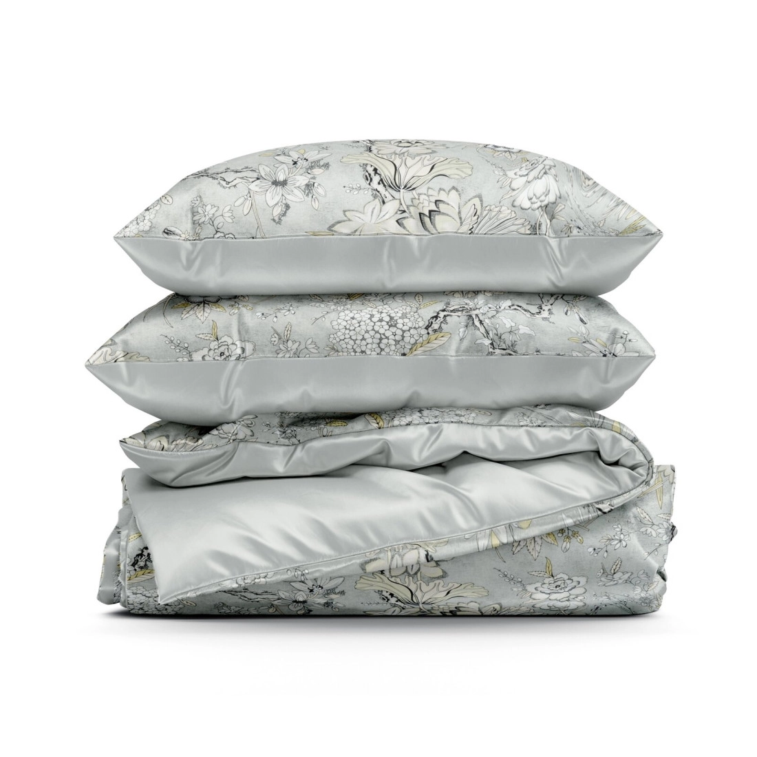 Obliečky 220x200 cm saténové bavlnené s rastlinným vzorom, sivé a béžové