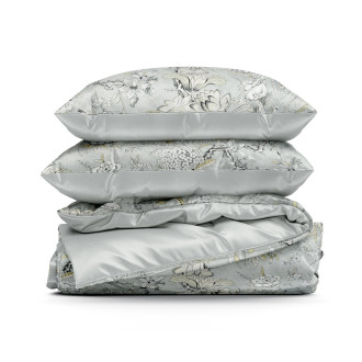 Obliečky 220x200 cm saténové bavlnené s rastlinným vzorom, sivé a béžové