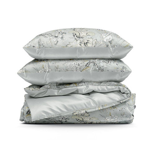 Povlečení 220x200 cm saténové bavlněné s rostlinným vzorem, šedé a béžové