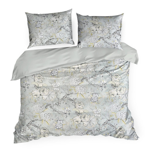 Povlečení 220x200 cm saténové bavlněné s rostlinným vzorem, šedé a béžové