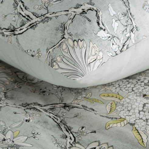 Povlečení 220x200 cm saténové bavlněné s rostlinným vzorem, šedé a béžové