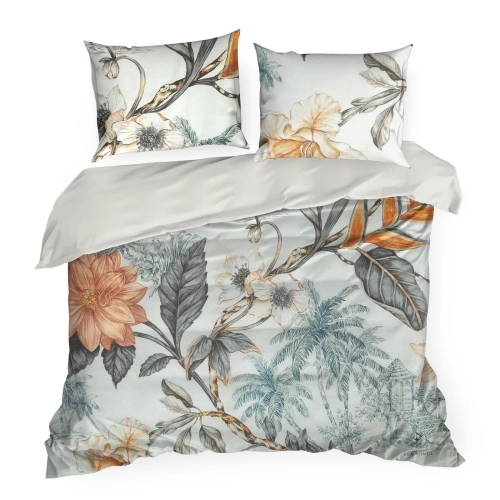 Obliečky 220x200 cm saténové kvetované, krémové a oranžové