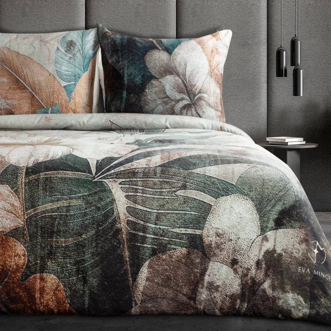 Saténové povlečení 220x200 cm, květované, šedé a zelené