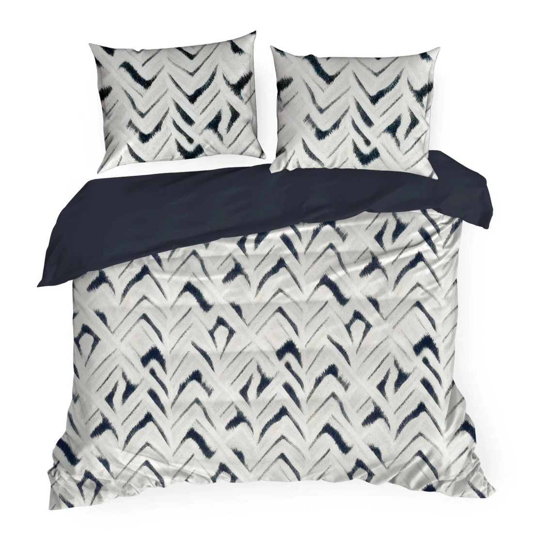 Obliečky 220x200 cm saténové s geometrickým vzorom, biele a námornícke modré