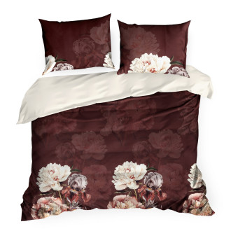 Obliečky 220x200 cm saténové s kvetinovým motívom, bordové a béžové