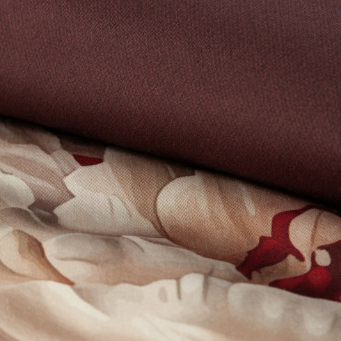 Povlečení 220x200 cm saténové s květinovým motivem, bordó a béžové