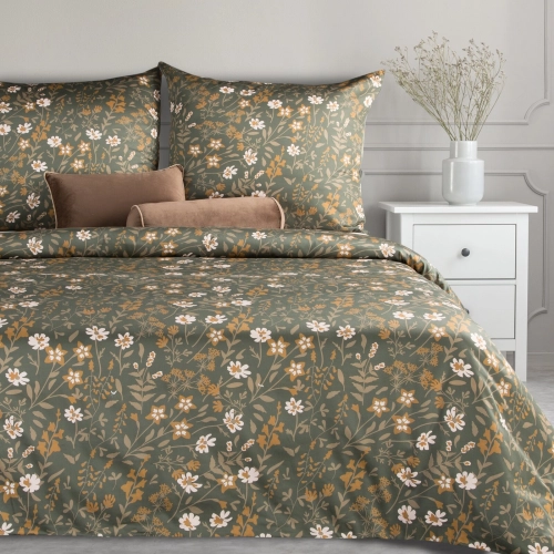 Obliečky 220x200 cm saténové s kvetinovým motívom, olivové a horčicové