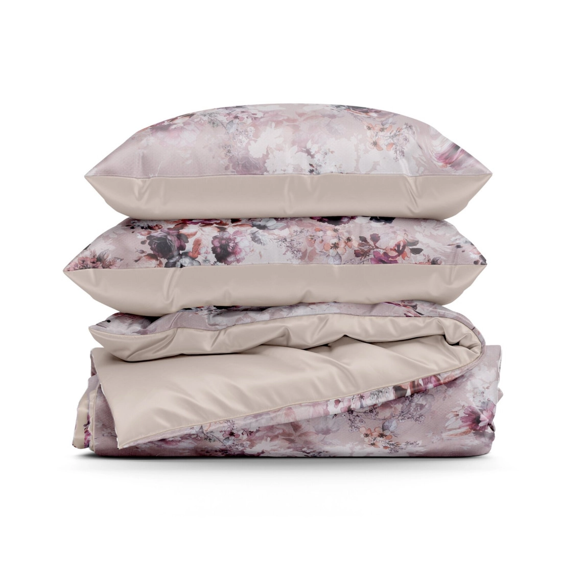 Obliečky 220x200 cm saténové s kvetinovým motívom, púdrové a fialové