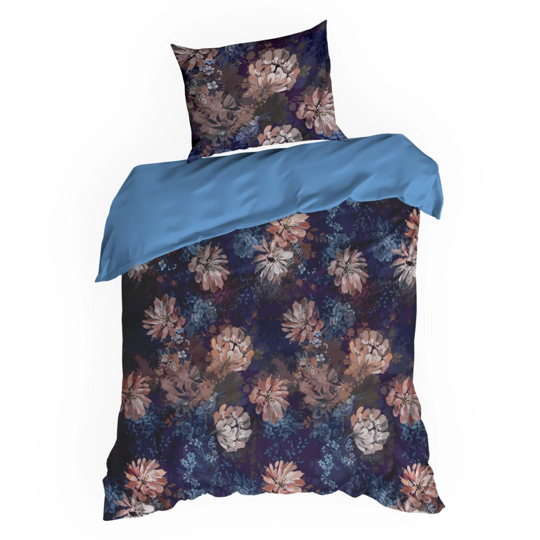 Obliečky 220x200 cm saténové s kvetinovým motívom, tmavomodré a hrdzavé