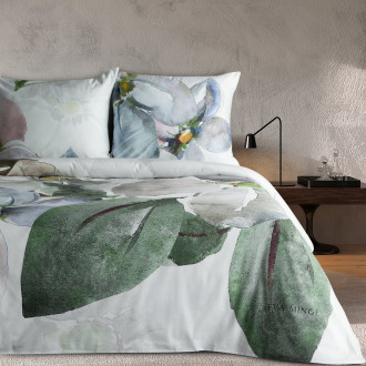 Obliečky 220x200 cm saténové s kvetinovým vzorom, biele a zelené